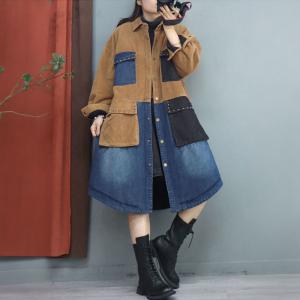 Corduroy and Denim Rivet Pockets Cotton Padded Coat