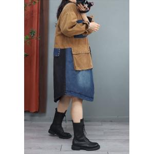 Corduroy and Denim Rivet Pockets Cotton Padded Coat