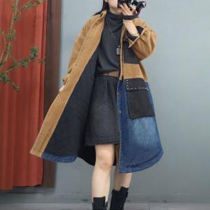 Corduroy and Denim Rivet Pockets Cotton Padded Coat