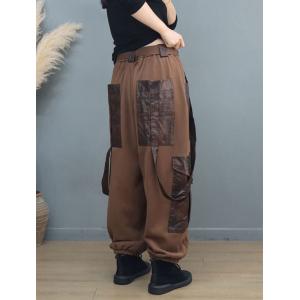 Hippie Style PU Pockets Cargo Suspender Pants