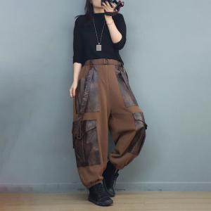 Hippie Style PU Pockets Cargo Suspender Pants