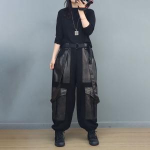 Hippie Style PU Pockets Cargo Suspender Pants