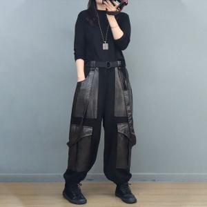 Hippie Style PU Pockets Cargo Suspender Pants