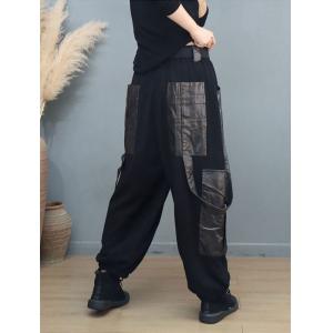 Hippie Style PU Pockets Cargo Suspender Pants