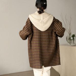 Preppy Style Mid-Calf Plaid Hooded Wool Coat