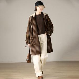 Preppy Style Mid-Calf Plaid Hooded Wool Coat