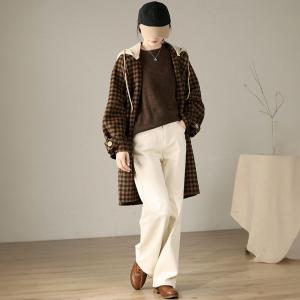 Preppy Style Mid-Calf Plaid Hooded Wool Coat