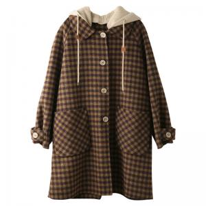 Preppy Style Mid-Calf Plaid Hooded Wool Coat