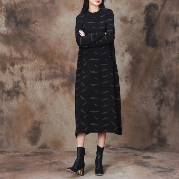 Leaf Patterns Black Mock Neck Sweater Dress