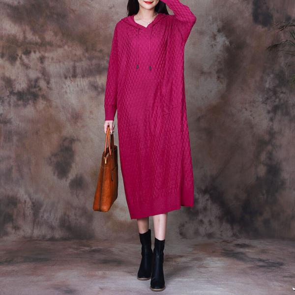 Pop Colored Loose Knit Hooded Sweater Dress