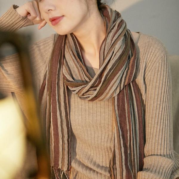 Colorful Striped Cotton Linen Fringed Scarf