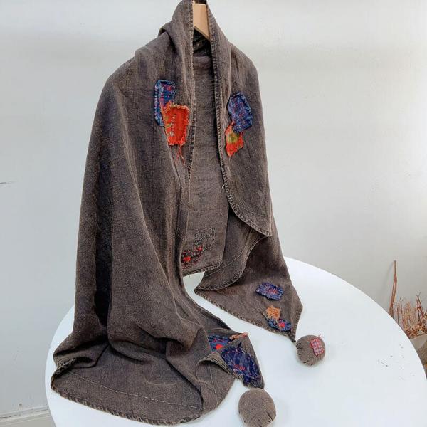 Ethnic Patchwork Pom Pom Linen Shawl