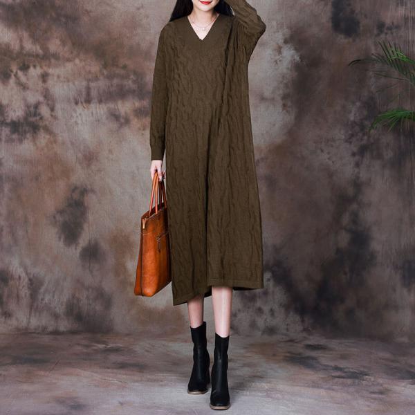 Loose V-neck Pleated Knit Midi Dress