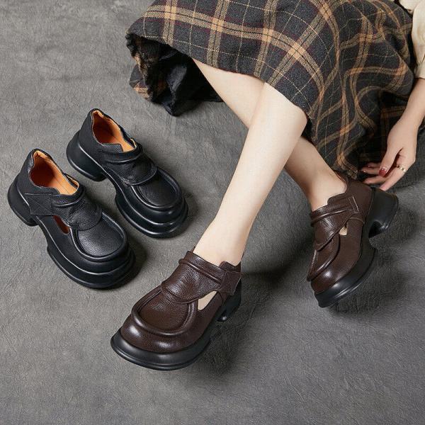 Round Toe Leather Hollow Out Platform Shoes