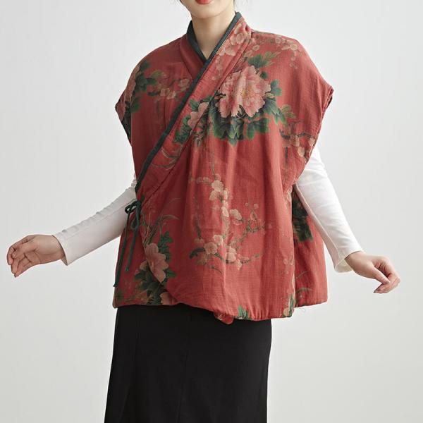 Cotton Quilted Red Printed Wrap Waistcoat