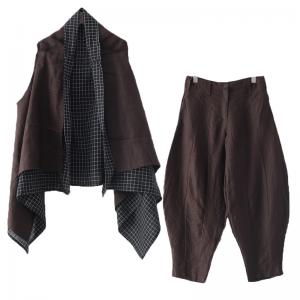 Plaids Splicing Draped Loose Linen Vest with Black Genie Pants