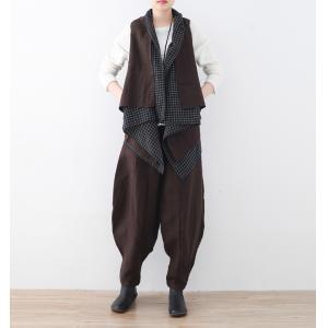 Plaids Splicing Draped Loose Linen Vest with Black Genie Pants