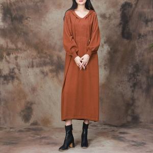 Beading Shoulder Puff Sleeves Knit Hooded Dress