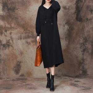 Beading Shoulder Puff Sleeves Knit Hooded Dress