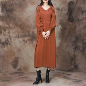 Beading Shoulder Puff Sleeves Knit Hooded Dress