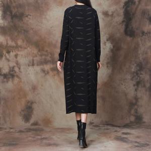 Leaf Patterns Black Mock Neck Sweater Dress