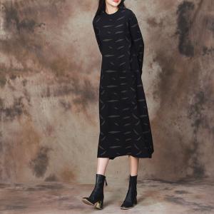 Leaf Patterns Black Mock Neck Sweater Dress