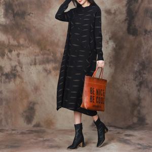 Leaf Patterns Black Mock Neck Sweater Dress