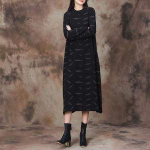 Leaf Patterns Black Mock Neck Sweater Dress