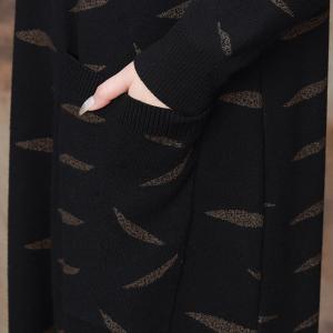 Leaf Patterns Black Mock Neck Sweater Dress