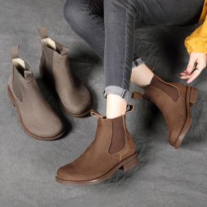 Classic Cowhide Leather Low Heels Chelsea Boots