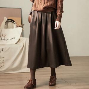 Dark Coffee Woolen Pleated A-Line Skirt