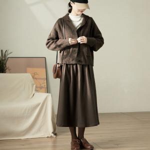 Dark Coffee Woolen Pleated A-Line Skirt