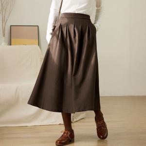 Dark Coffee Woolen Pleated A-Line Skirt