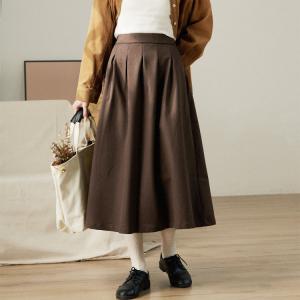 Dark Coffee Woolen Pleated A-Line Skirt