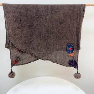 Ethnic Patchwork Pom Pom Linen Shawl