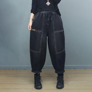 Baggy-Fit Black Fleeced Drawstring Jeans