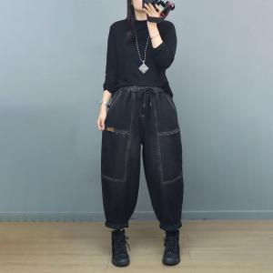 Baggy-Fit Black Fleeced Drawstring Jeans