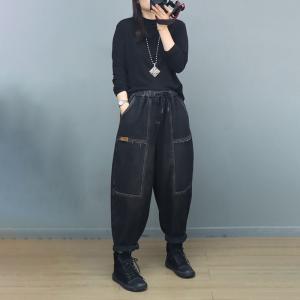 Baggy-Fit Black Fleeced Drawstring Jeans