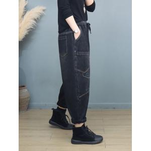 Embroidery Patched Pocket Black Baggy Jeans