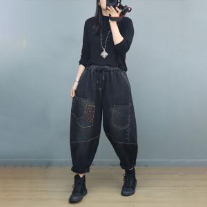 Embroidery Patched Pocket Black Baggy Jeans