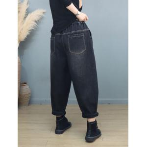 Embroidery Patched Pocket Black Baggy Jeans