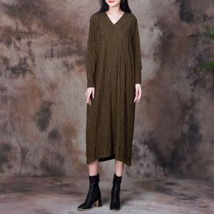 Loose V-neck Pleated Knit Midi Dress