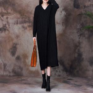 Loose V-neck Pleated Knit Midi Dress