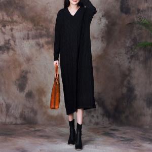 Loose V-neck Pleated Knit Midi Dress