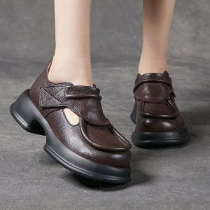 Round Toe Leather Hollow Out Platform Shoes