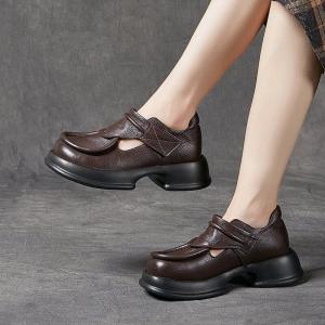 Round Toe Leather Hollow Out Platform Shoes