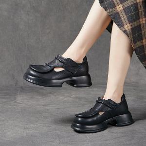 Round Toe Leather Hollow Out Platform Shoes