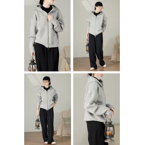 Front Zip Light Gray Hoodie for Women