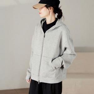 Front Zip Light Gray Hoodie for Women