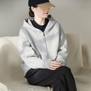 Front Zip Light Gray Hoodie for Women